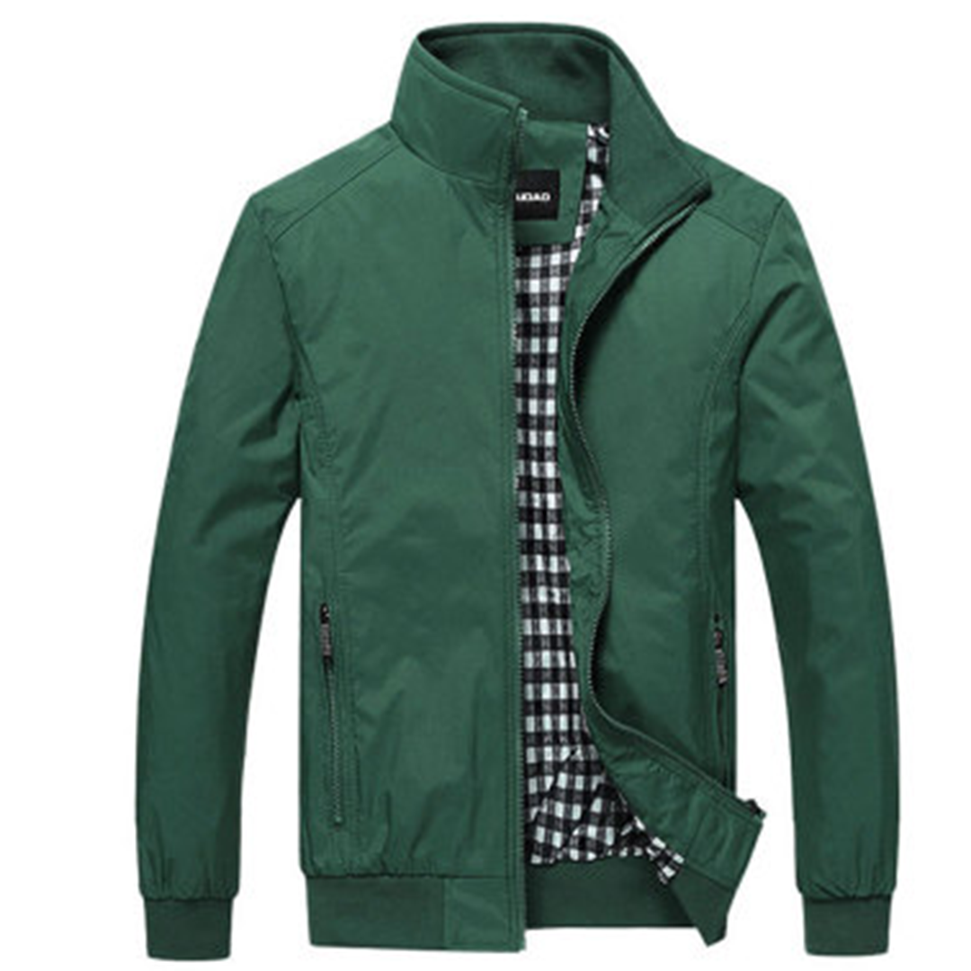 Men's Zip-Front Jacket with Stand Collar and Check Lining in Green
