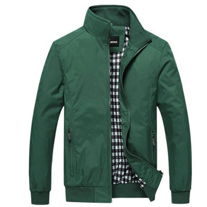 Men's Zip-Front Jacket with Stand Collar and Check Lining in Green