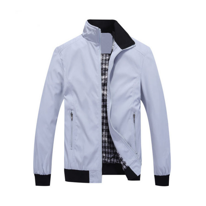 Men's Zip-Front Jacket with Stand Collar and Check Lining in Light Grey