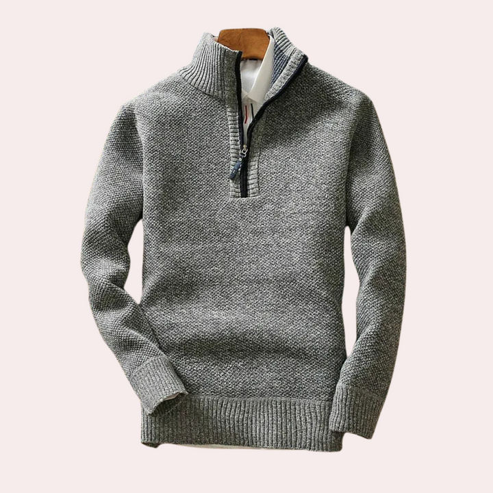 Men's Zip-Front Roll Neck Jumper in Light Grey
