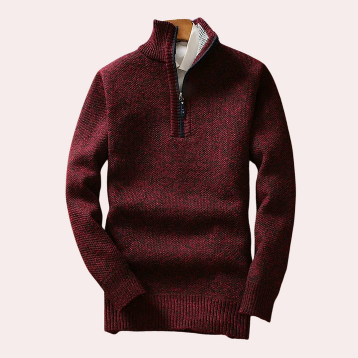 Men's Zip-Front Roll Neck Jumper in Wine Red