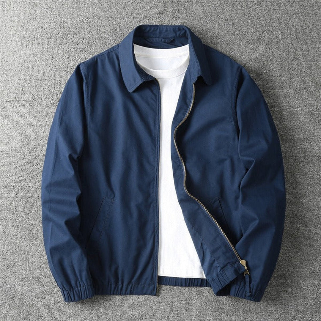 Men's Zip-Up Bomber Jacket with Ribbed Trims - Navy Blue
