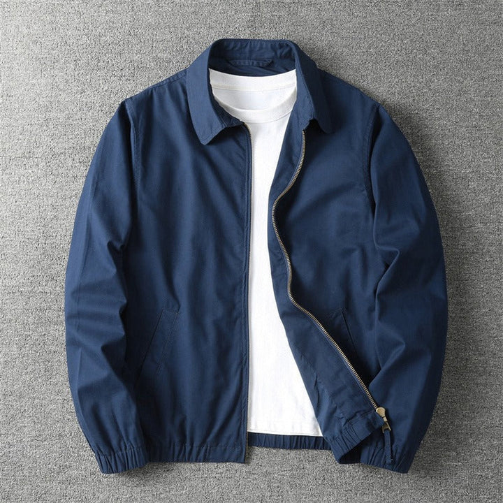 Men's Zip-Up Bomber Jacket with Ribbed Trims - Navy Blue