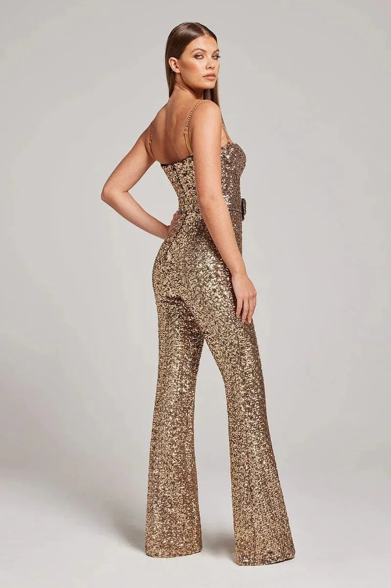 Sparkling Glitter Jumpsuit with Stylish Waist Belt