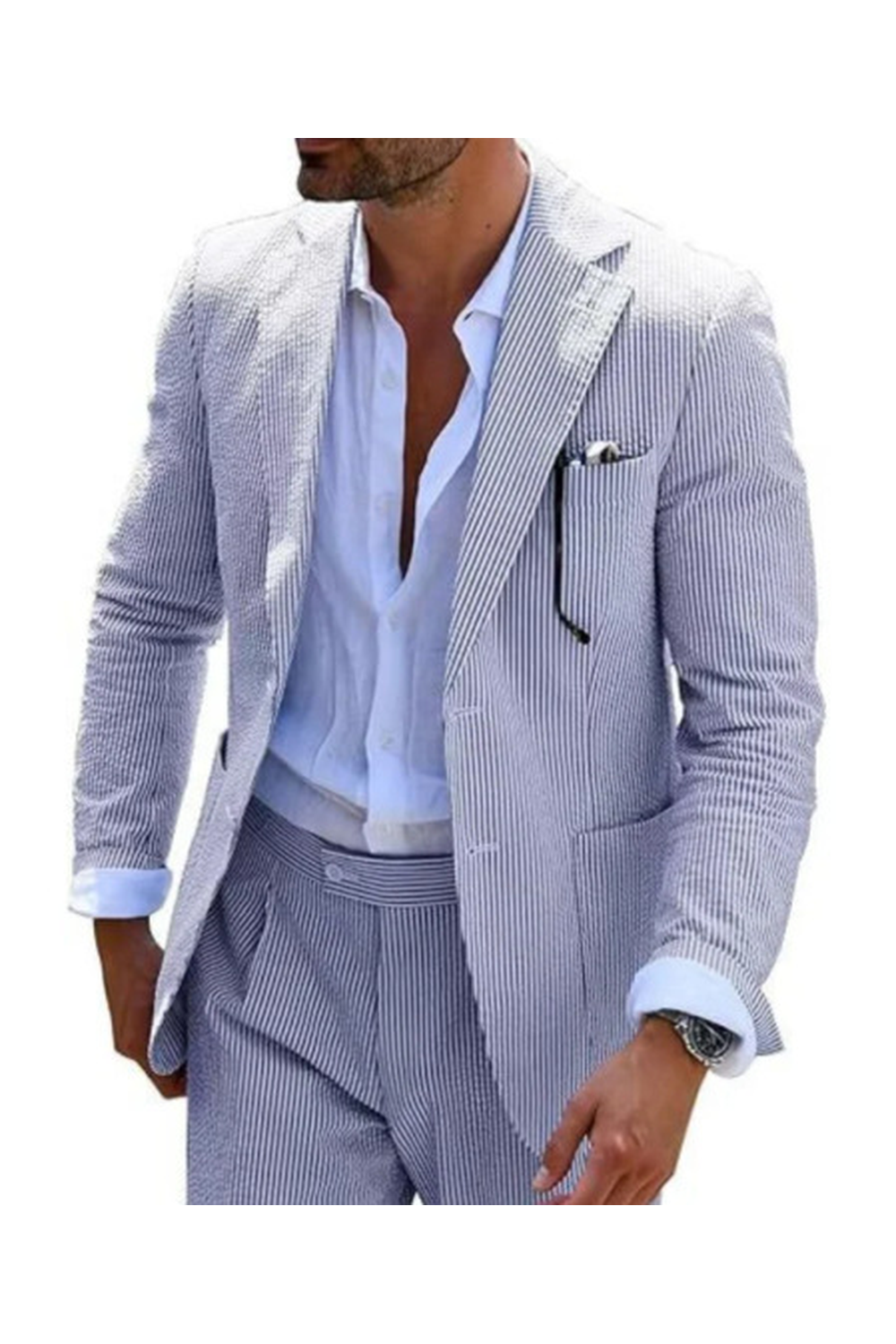 Men's light blue striped seersucker two-piece suit