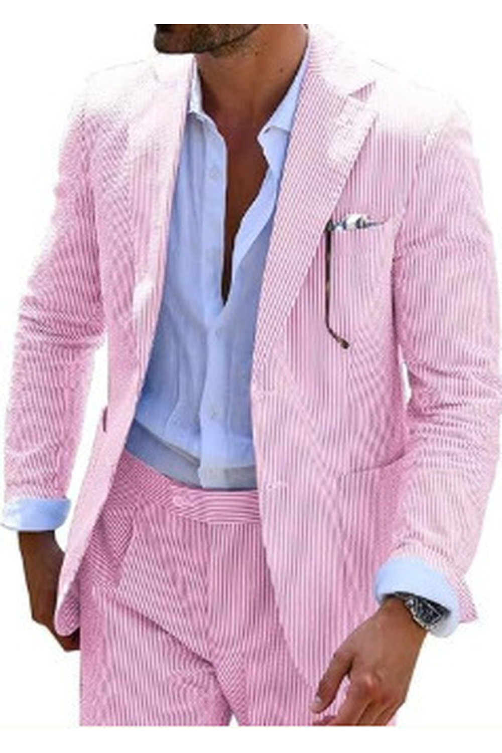 Men's pink striped seersucker two-piece suit