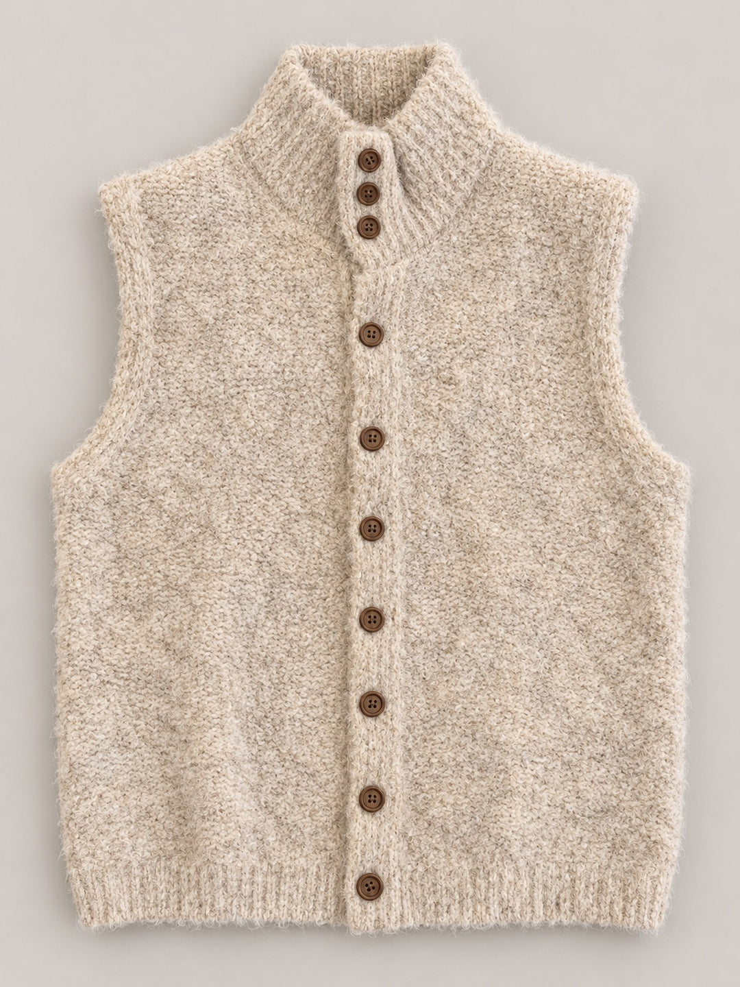 Women's oatmeal beige fluffy knit vest with stand collar and full button front