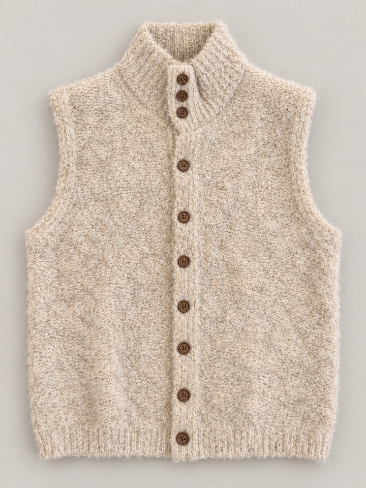 Women's oatmeal beige fluffy knit vest with stand collar and full button front