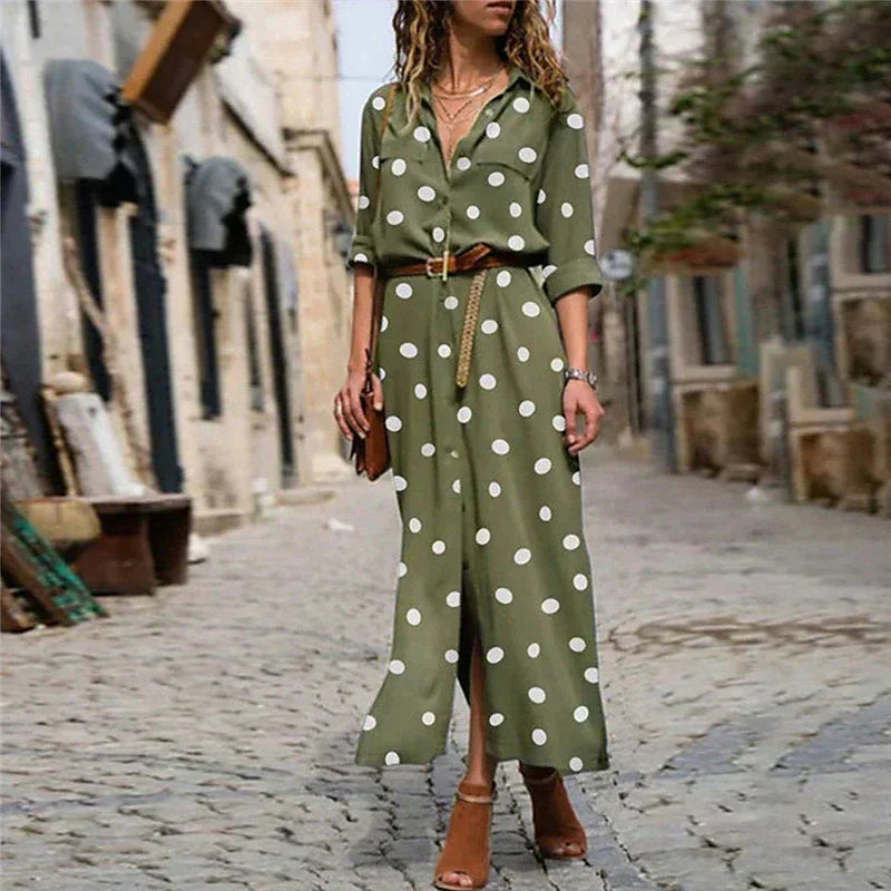 Women's Polka Dot Midi Dress with Button Front