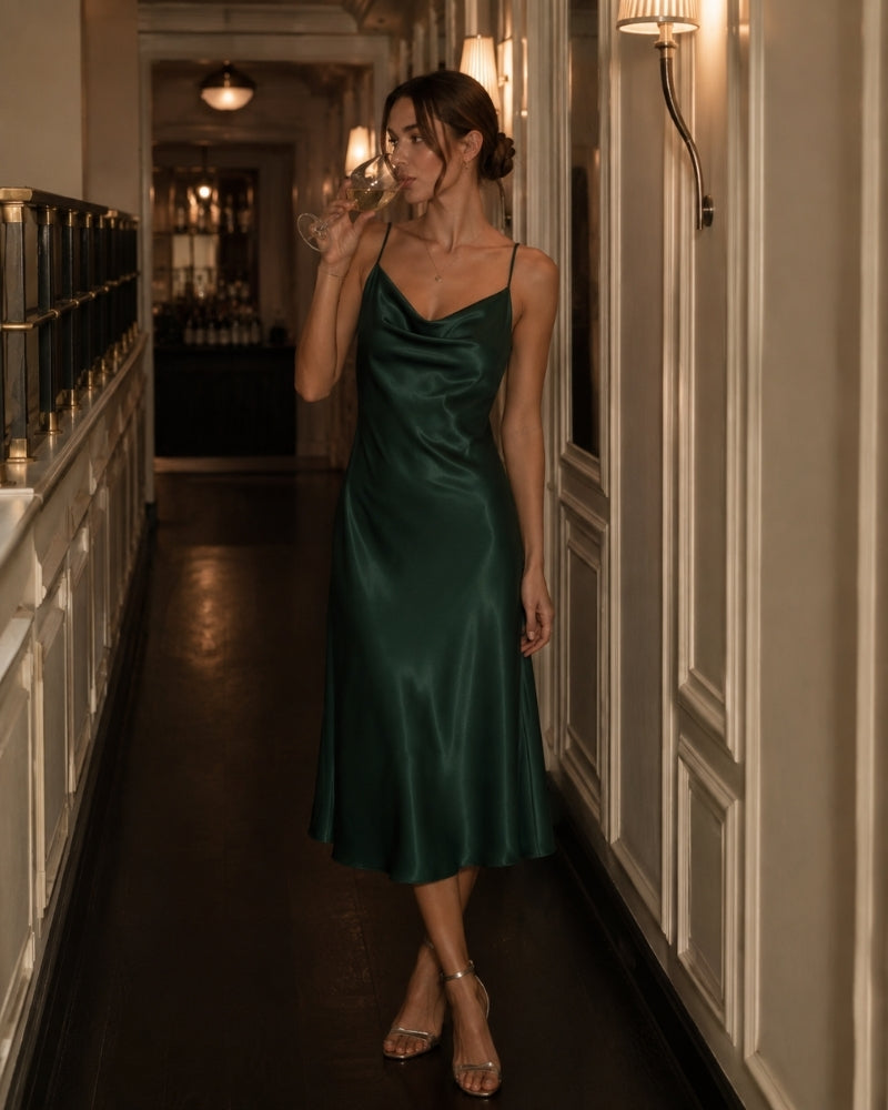 Women's Silk Satin Slip Dress with Cowl Neck - photo 1
