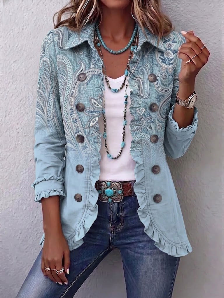 Women's Printed Jacket with Ruffle Trim