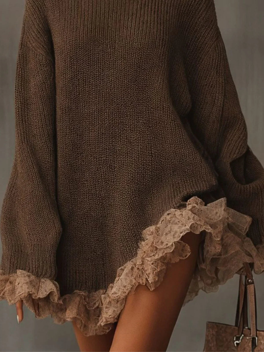 Women's Knitted Turtleneck Dress with Ruffled Hem