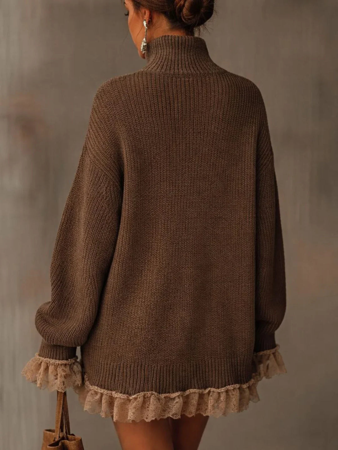 Women's Knitted Turtleneck Dress with Ruffled Hem