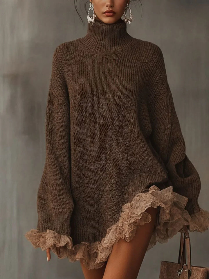 Women's Knitted Turtleneck Dress with Ruffled Hem