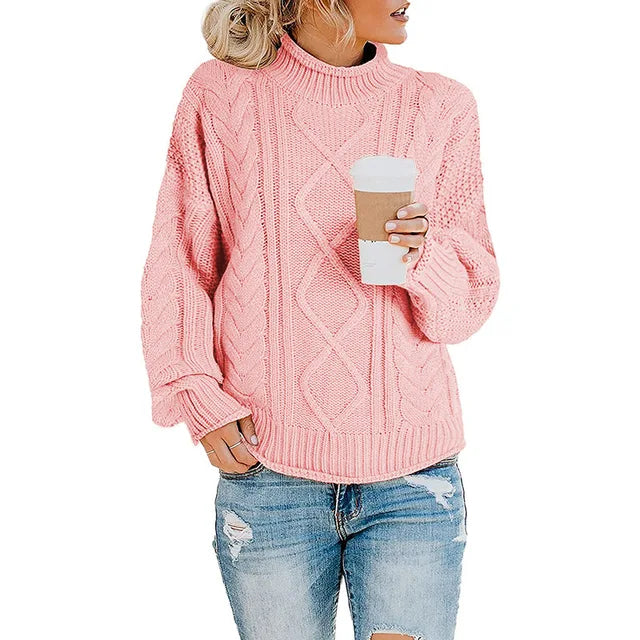 Pink cable knit turtleneck sweater