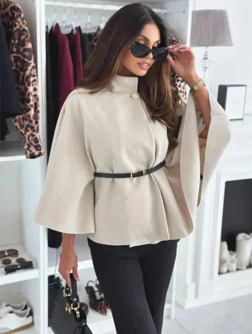 Women's Belted Poncho with Flared Sleeves