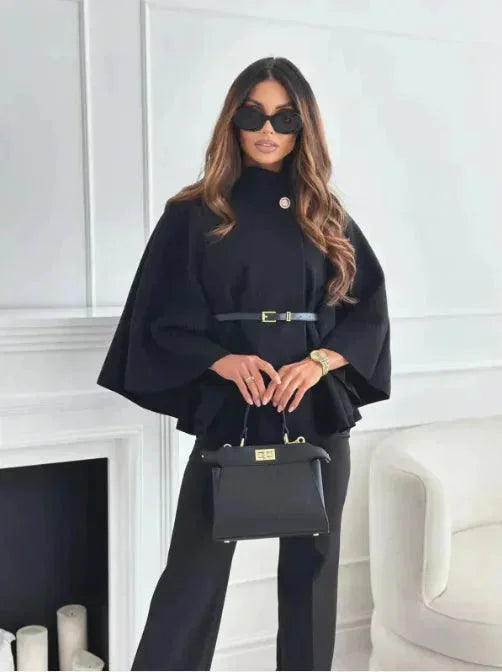 Women's Belted Poncho with Flared Sleeves