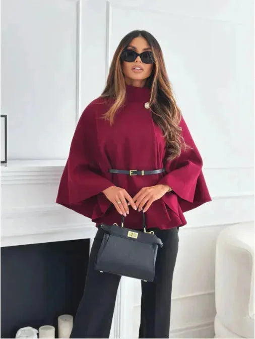 Women's Belted Poncho with Flared Sleeves
