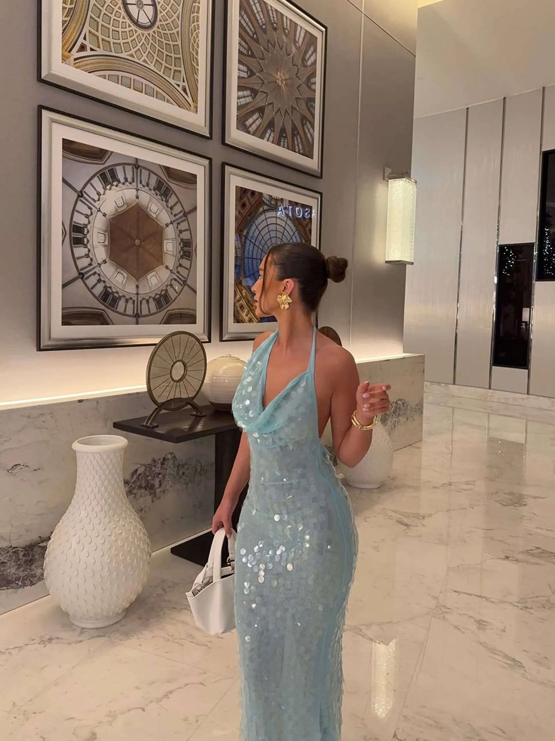 Long summer dress women's blue sequins