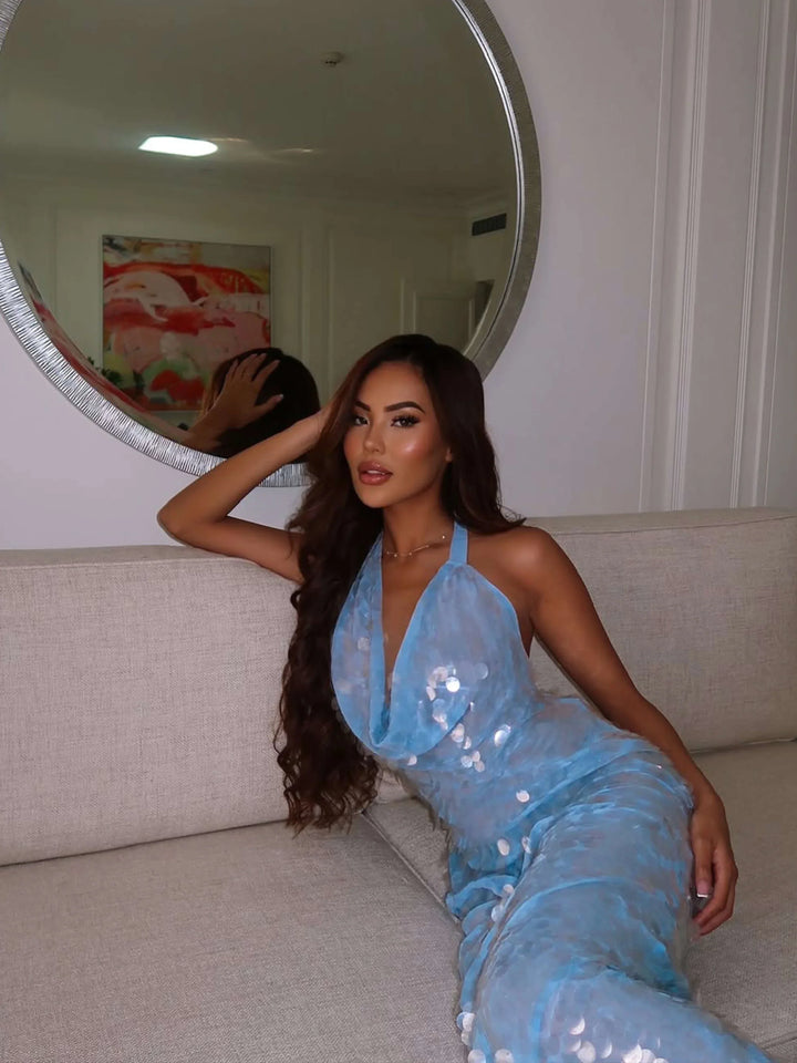 Long summer dress women's blue sequins