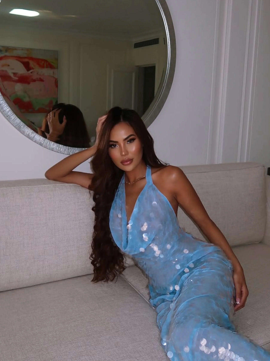 Long summer dress women's blue sequins