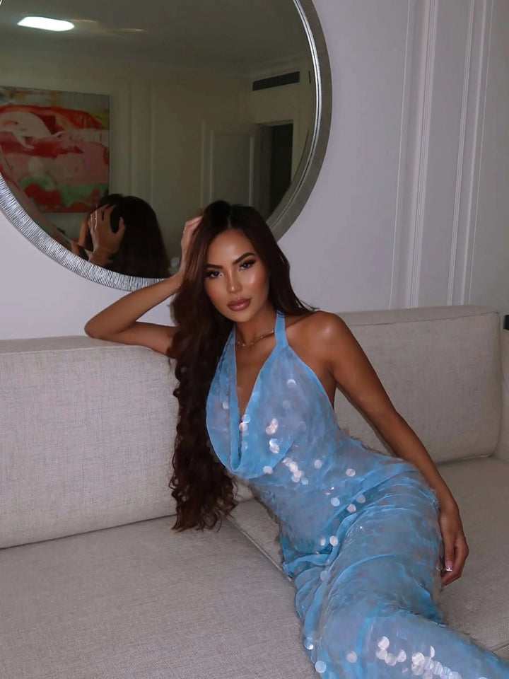 Long summer dress women's blue sequins