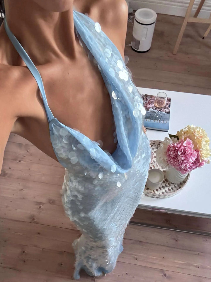 Long summer dress women's blue sequins