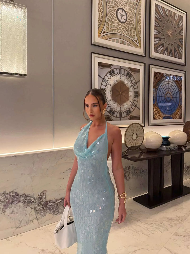 Long summer dress women's blue sequins