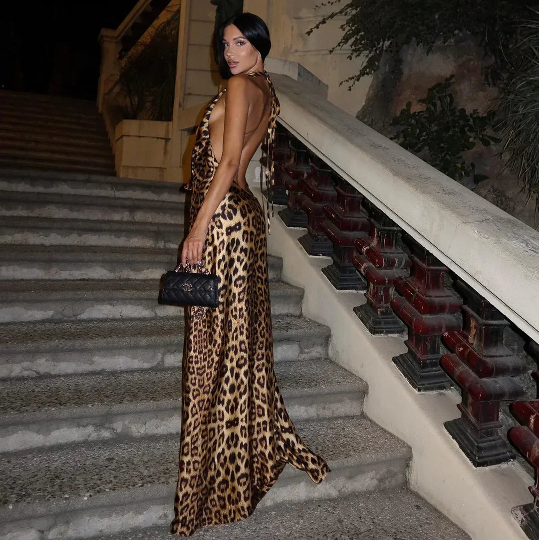 Maxi summer dress women's leopard backless