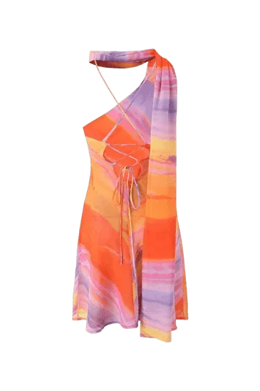 Mini summer dress women's multicolor satin asymmetrical