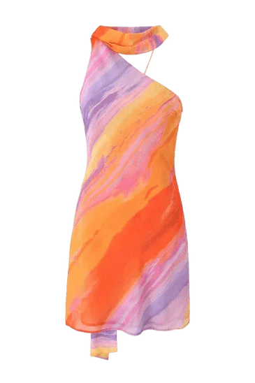 Mini summer dress women's multicolor satin asymmetrical