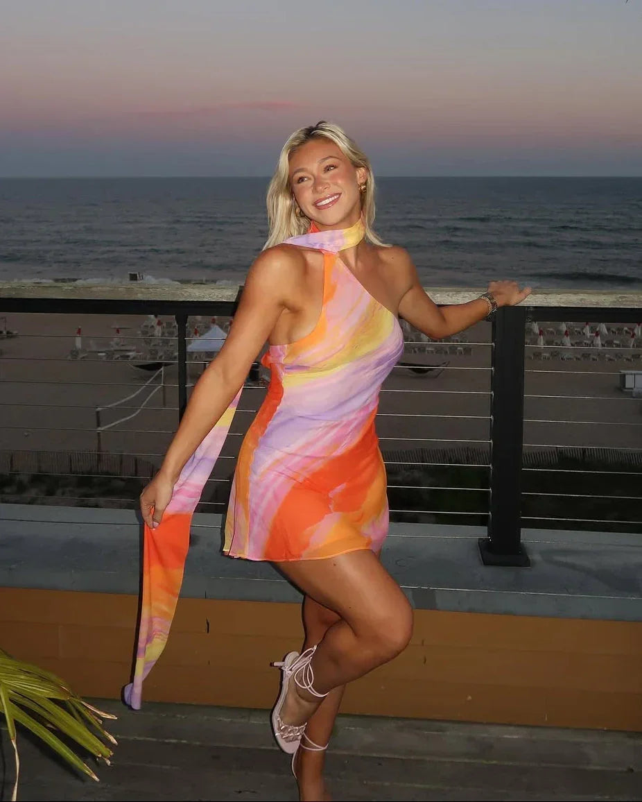 Mini summer dress women's multicolor satin asymmetrical