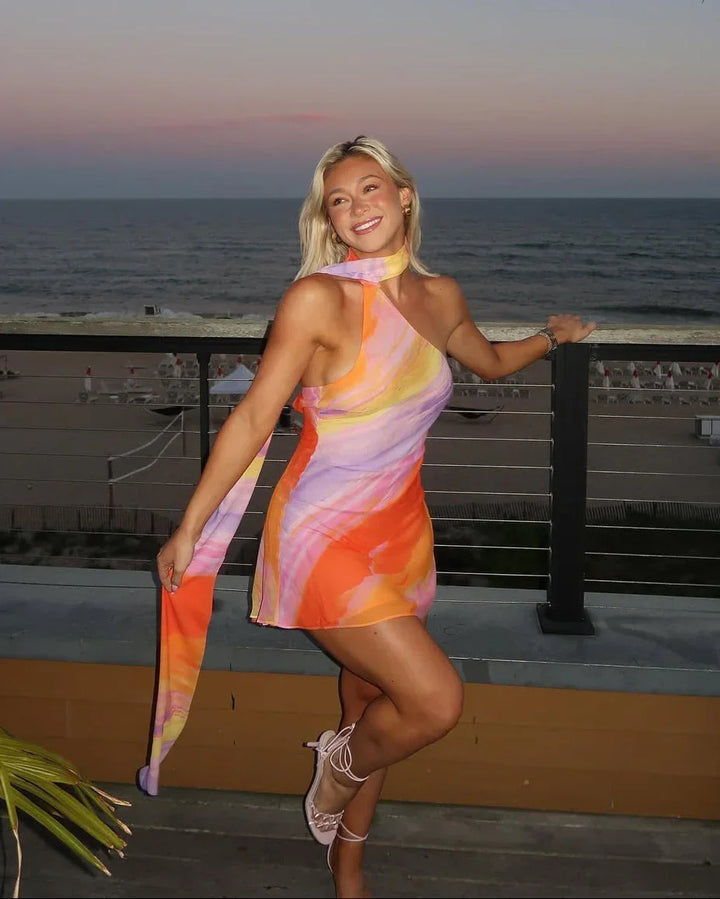 Mini summer dress women's multicolor satin asymmetrical