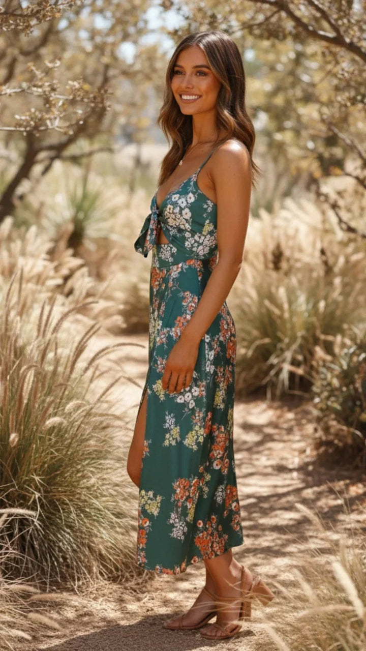 Midi dress summer woman green floral