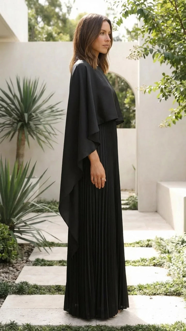 Long dress woman pleated cape sleeves
