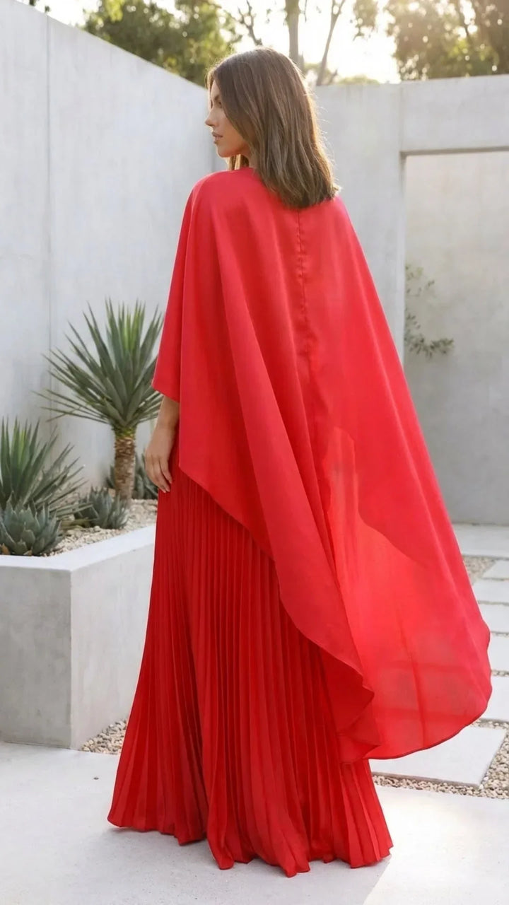 Long dress woman pleated cape sleeves