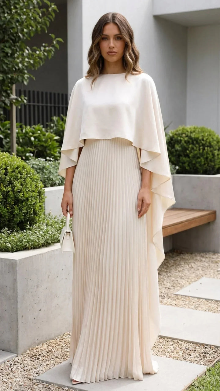 Long dress woman pleated cape sleeves