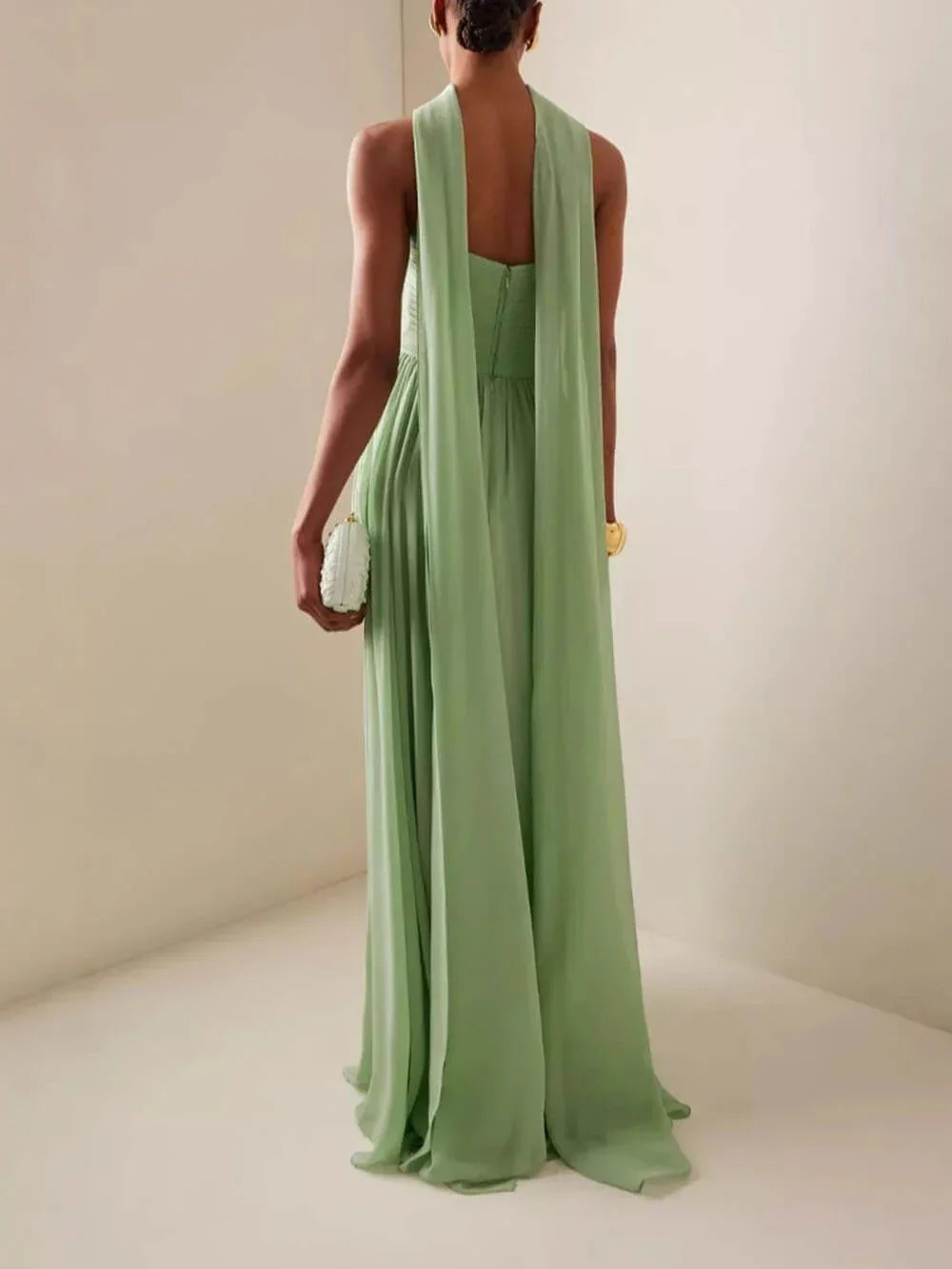 Long dress woman green pleated bustier