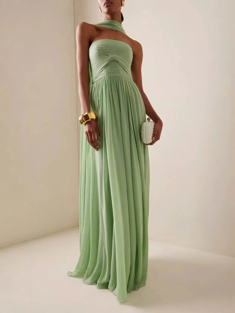 Long dress woman green pleated bustier