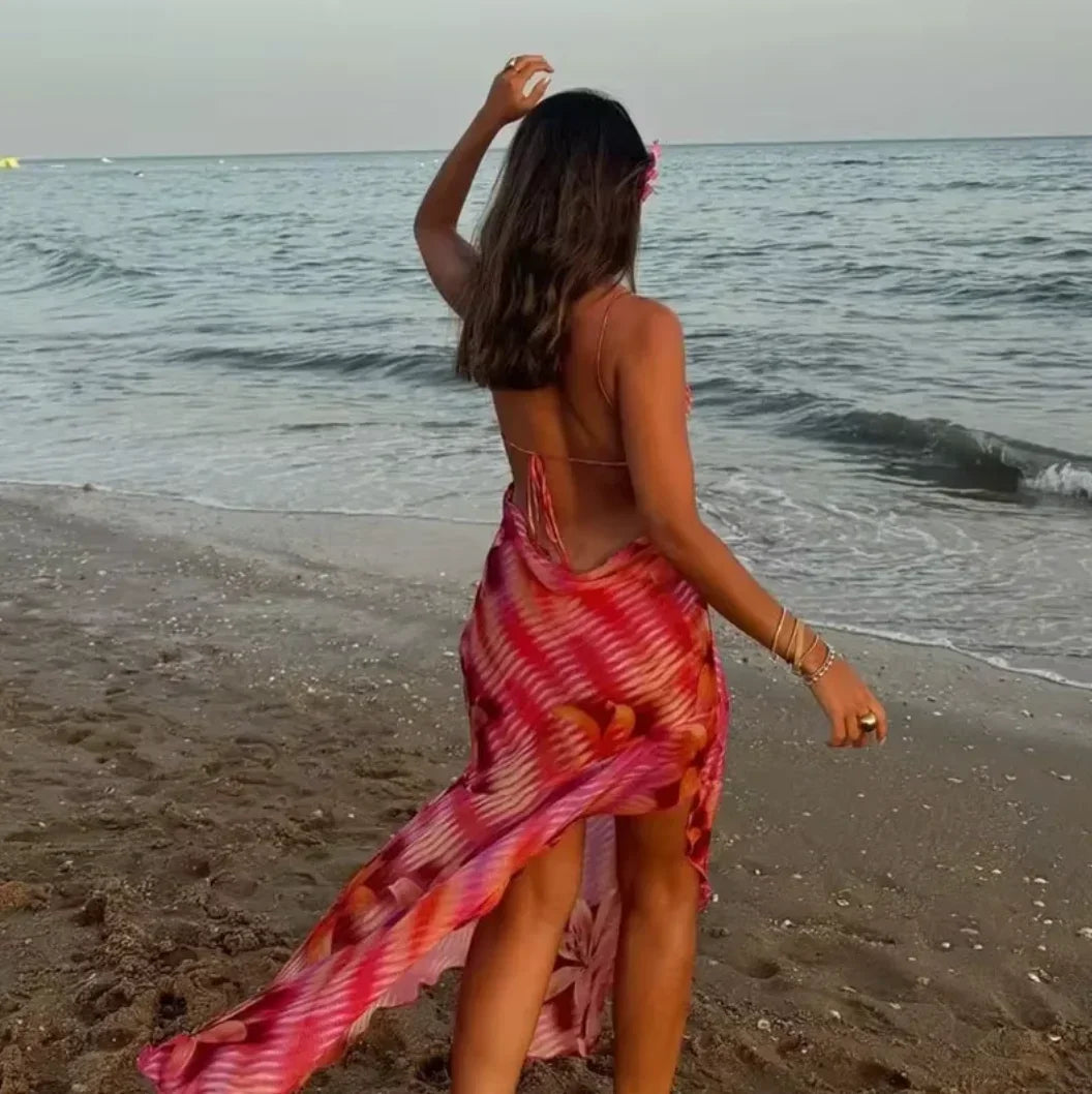 Dámské letní maxi šaty s květinovým potiskem a tenkými ramínky