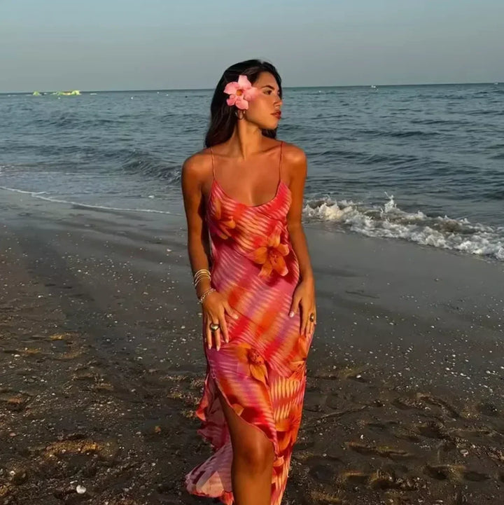 Dámské letní maxi šaty s květinovým potiskem a tenkými ramínky