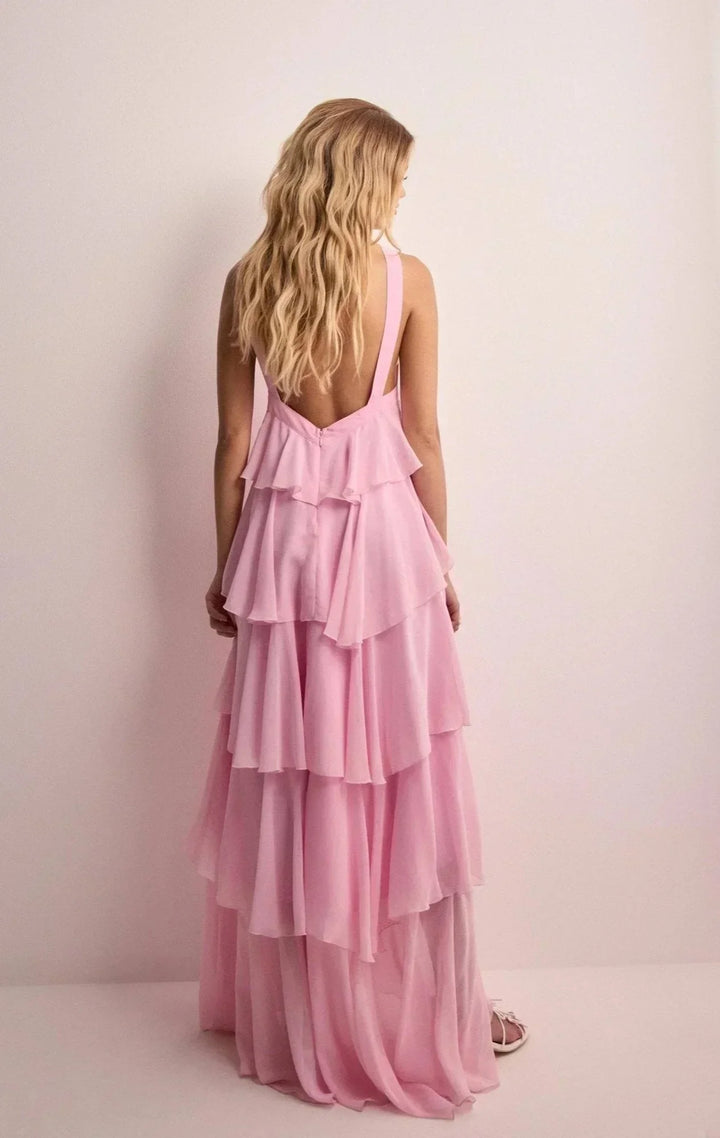 Pink maxi dress halter neck floral ruffles