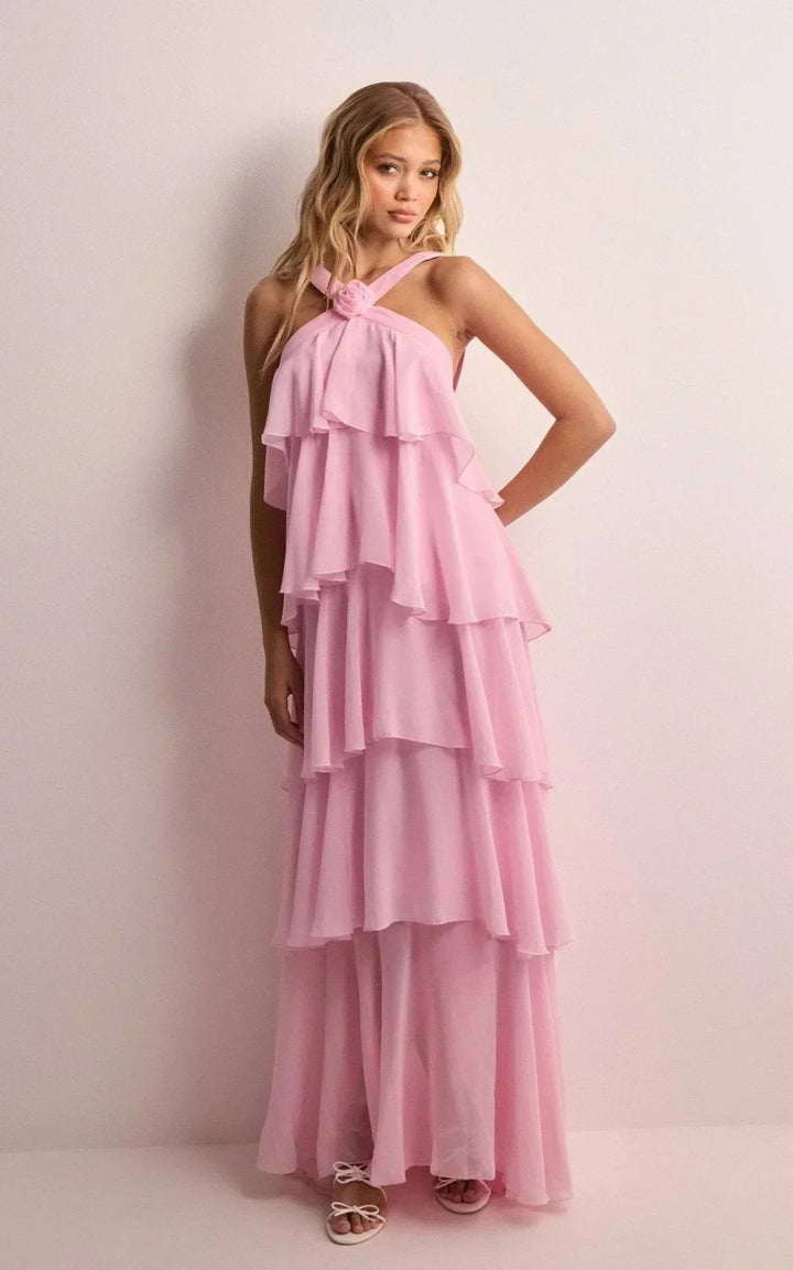 Pink maxi dress halter neck floral ruffles