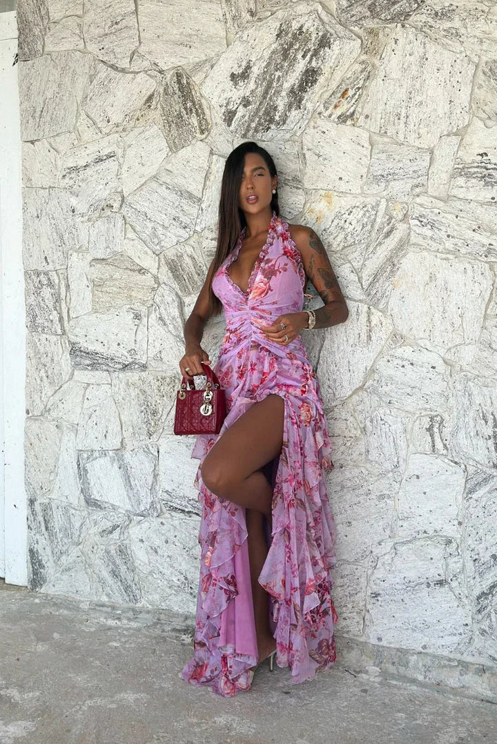 Long dress women's purple floral ruffles