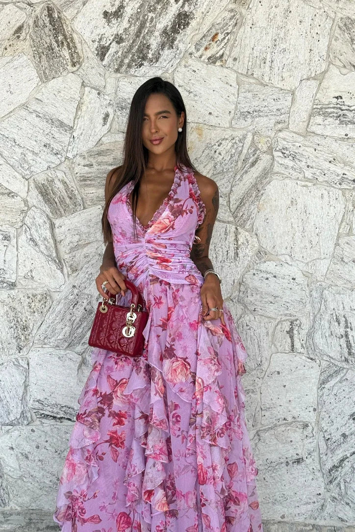 Long dress women's purple floral ruffles