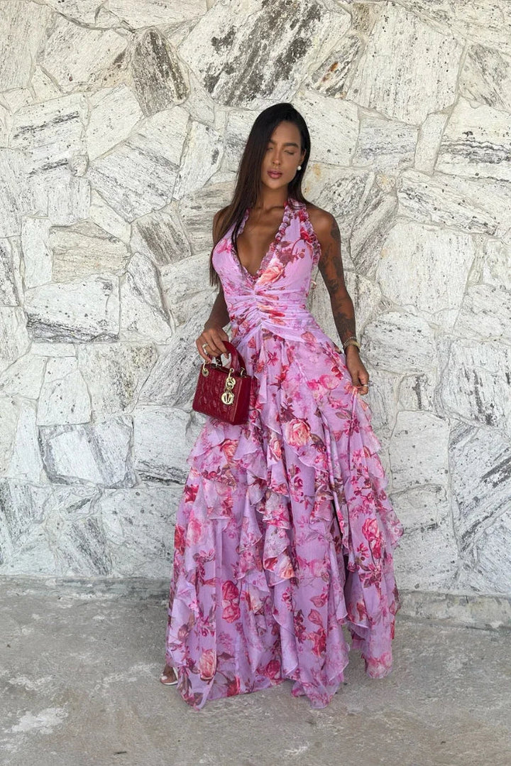 Long dress women's purple floral ruffles