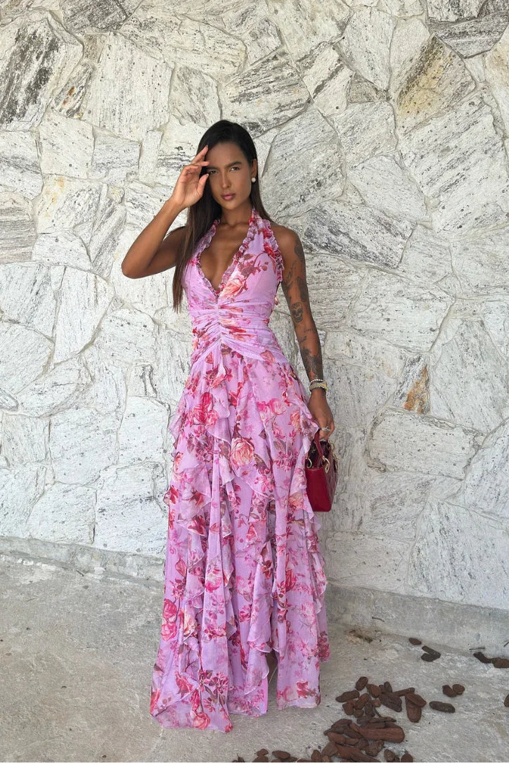 Long dress women's purple floral ruffles