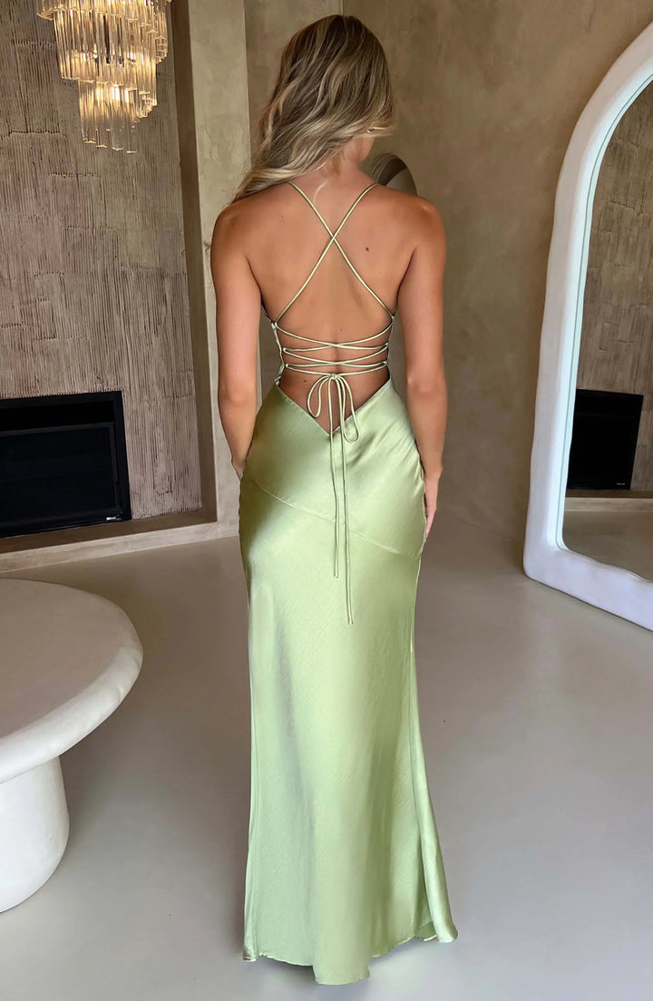 Maxi abito da donna in raso con scollo a V e spalline sottili