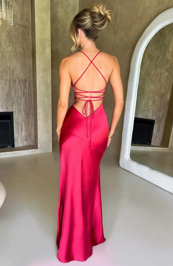 Maxi abito da donna in raso con scollo a V e spalline sottili