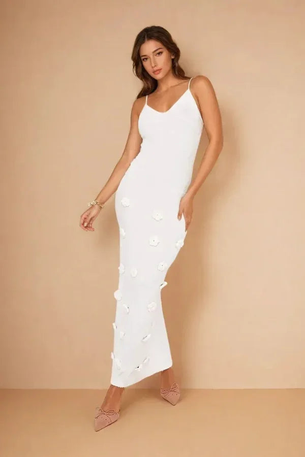 Women's Floral Detail Maxi Dress with Thin Straps